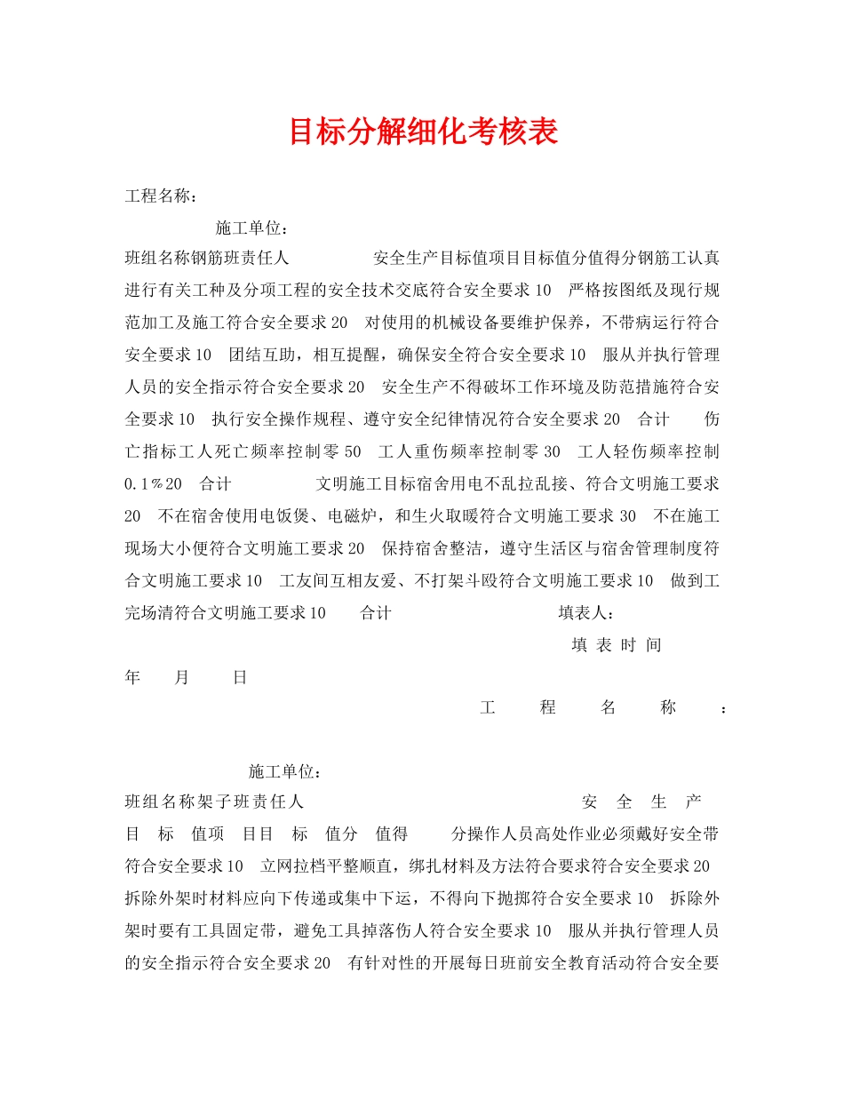 《安全管理资料》之目标分解细化考核表 _第1页