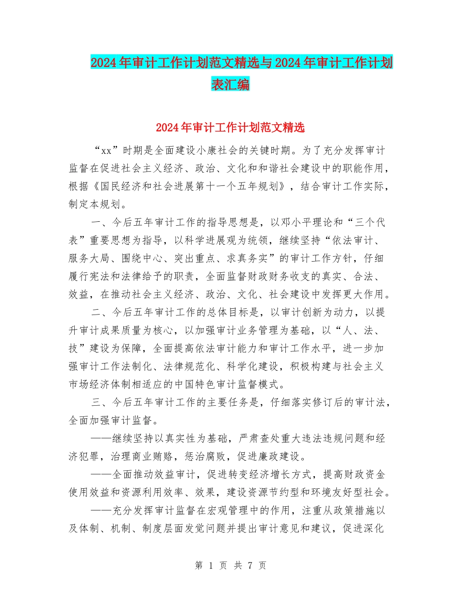 2024年审计工作计划范文精选与2024年审计工作计划表汇编_第1页