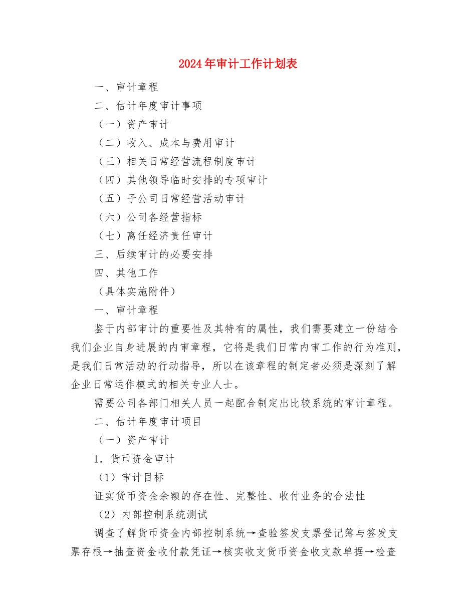 2024年审计工作计划范文精选与2024年审计工作计划表汇编_第3页