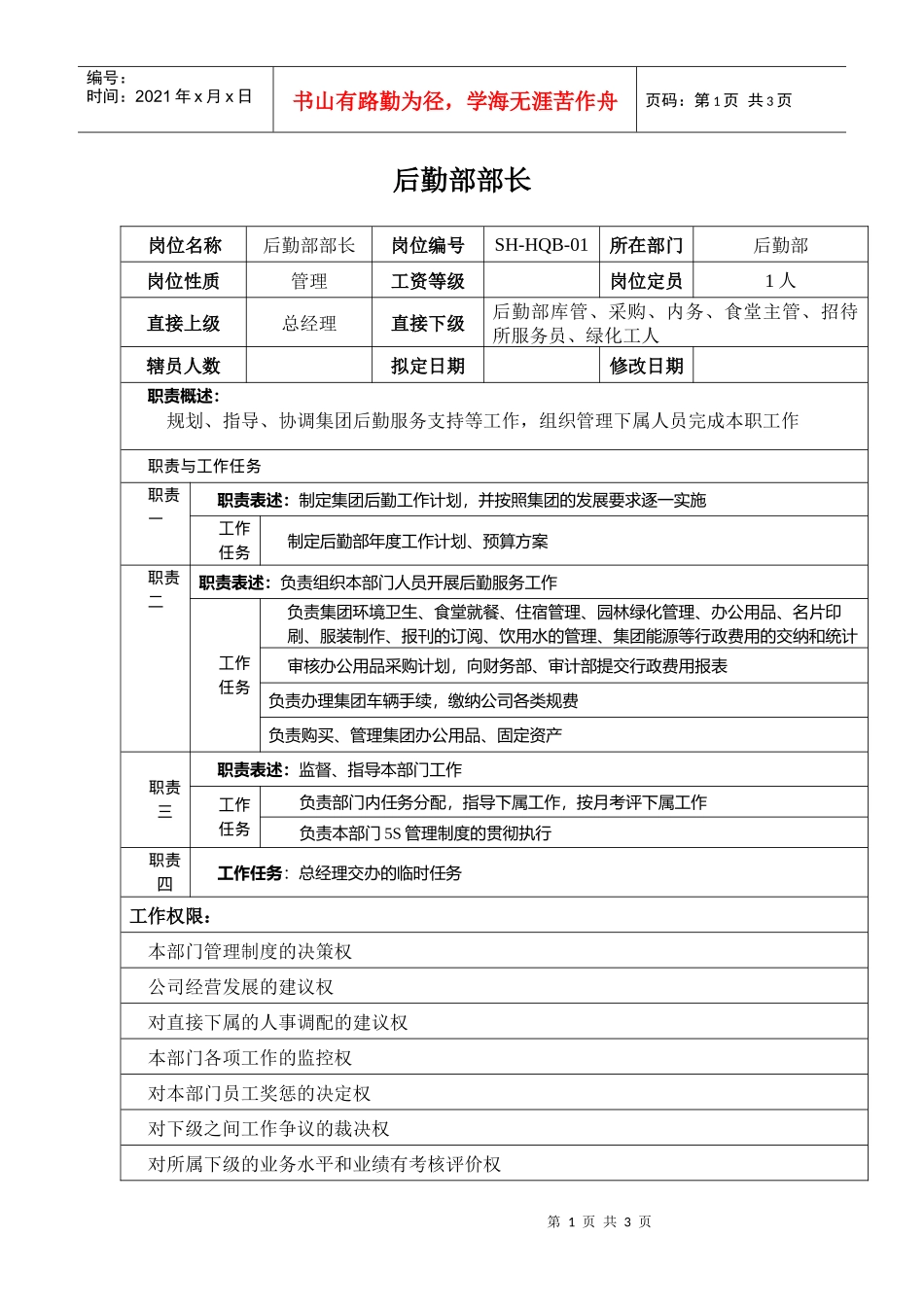 某汽车集团后勤部部长岗位说明书_第1页