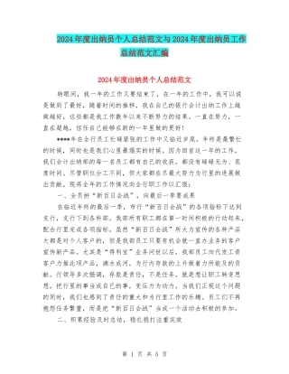 2024年度出纳员个人总结范文与2024年度出纳员工作总结范文汇编