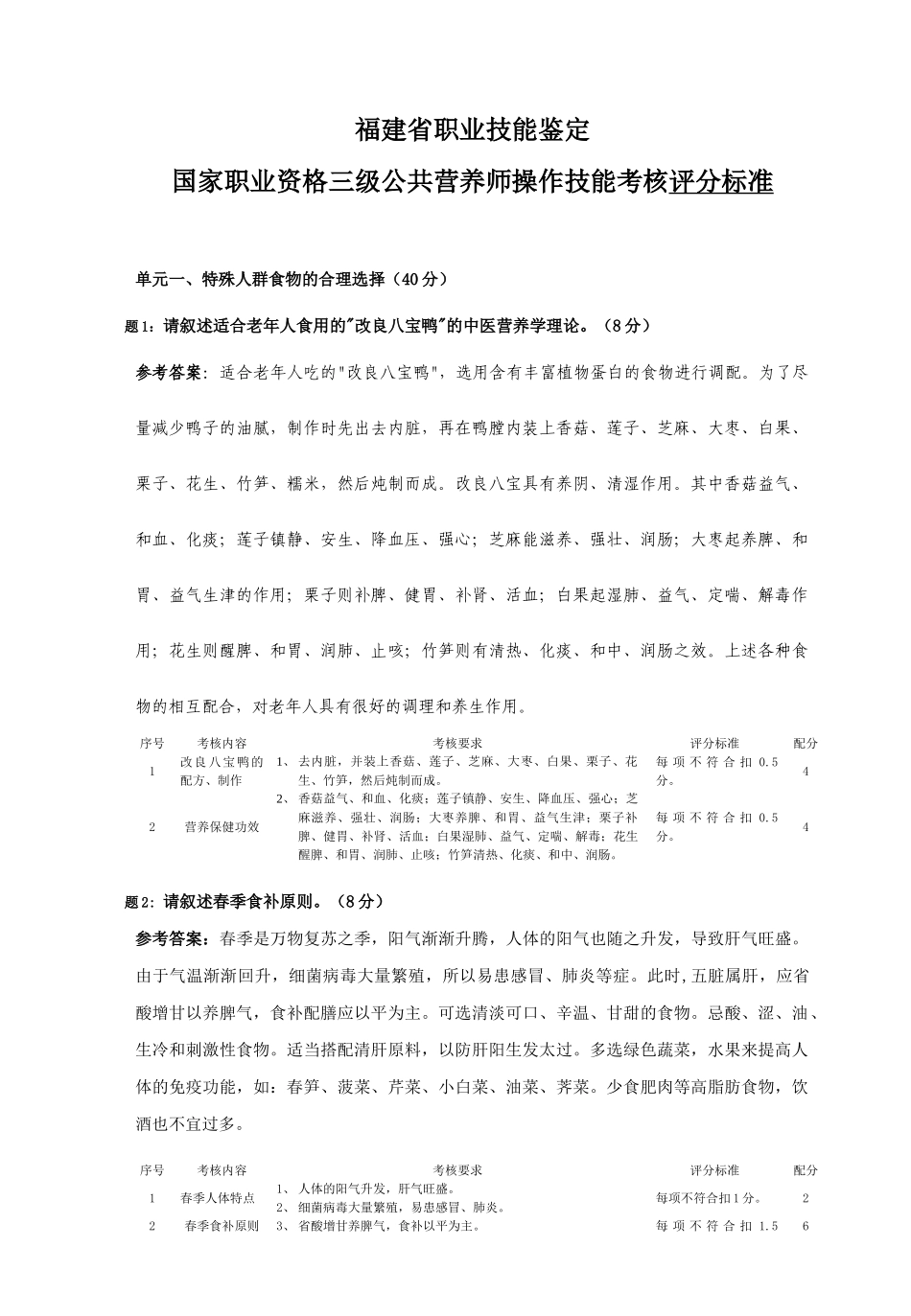 福建省职业技能鉴定-国家职业资格三级公共营养师操作技能考核评分标准)_第1页