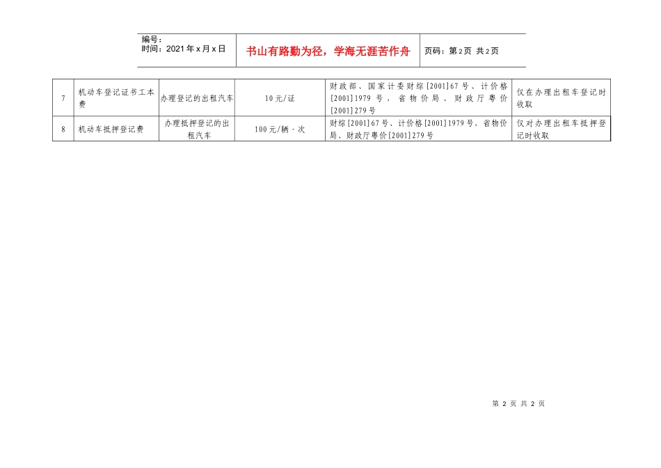 广东省涉及出租汽车行政事业性收费管理目录及收费标准_第2页