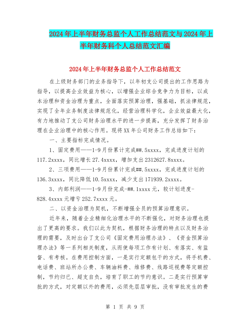 2024年上半年财务总监个人工作总结范文与2024年上半年财务科个人总结范文汇编_第1页