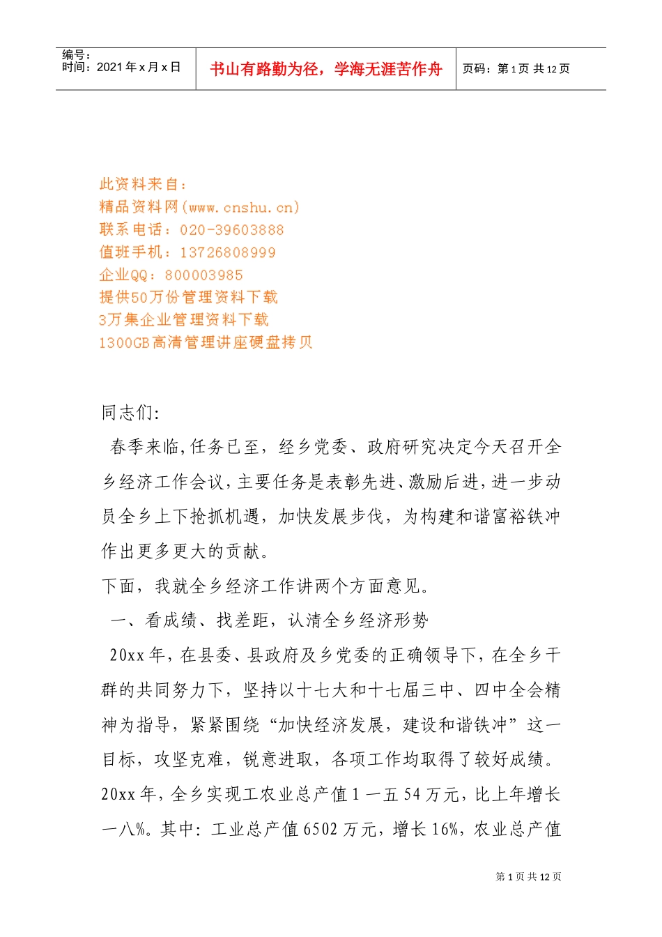 某某市经济会议上的讲话_第1页