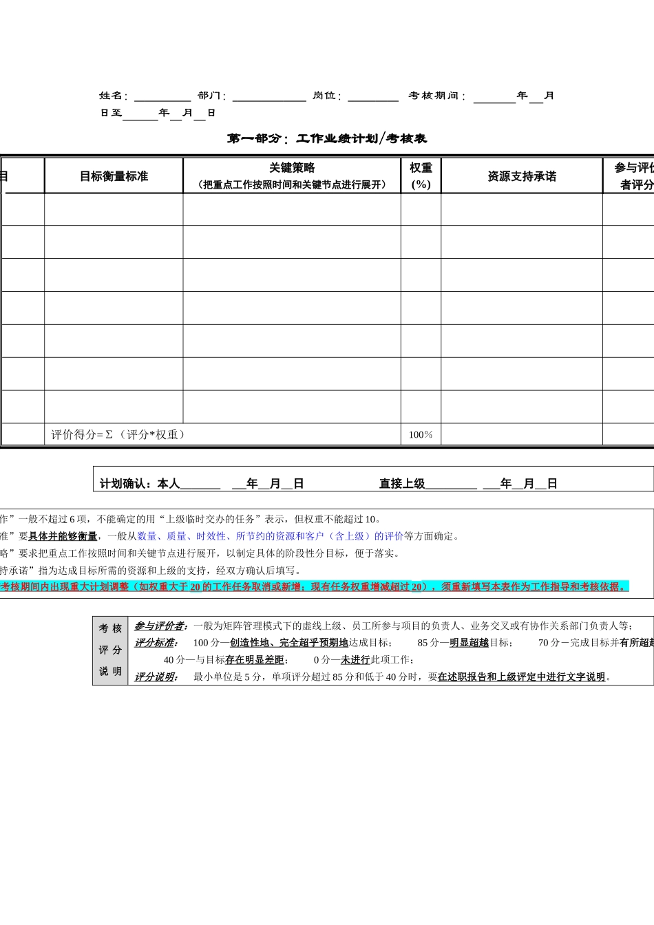 绩效计划及考核表（处级管理者及以下岗位）_第1页