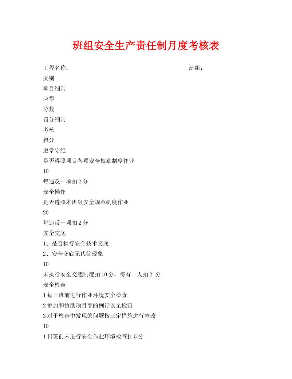 《安全管理资料》之班组安全生产责任制月度考核表 _第1页