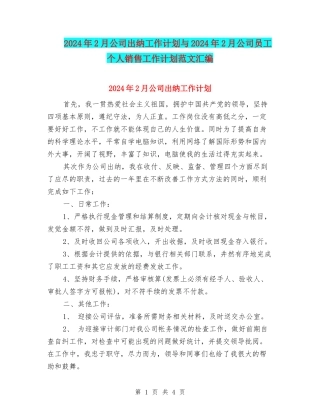 2024年2月公司出纳工作计划与2024年2月公司员工个人销售工作计划范文汇编