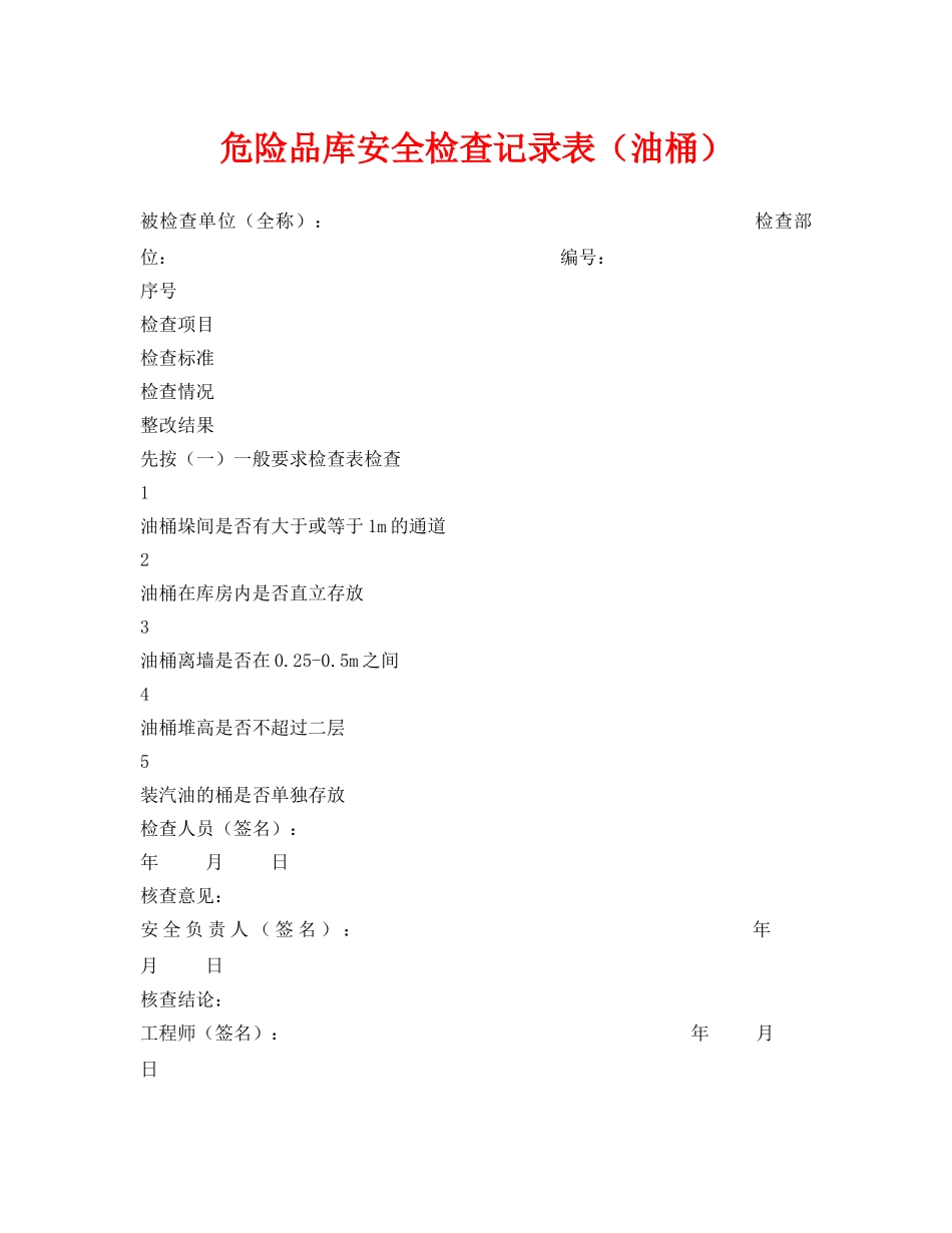 《安全管理资料》之危险品库安全检查记录表（油桶） _第1页