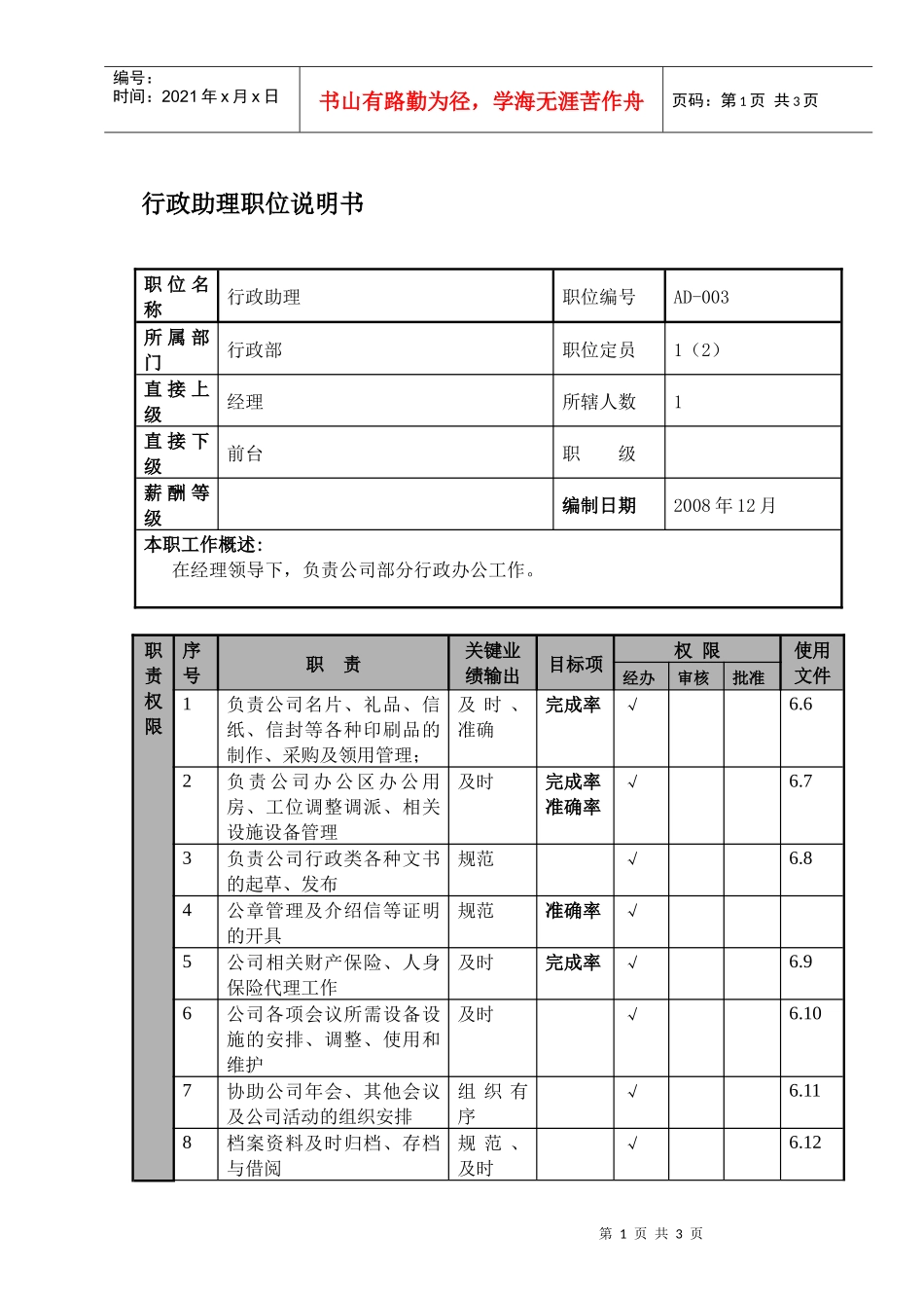 某航空物流公司行政助理职位说明书及关键绩效标准_第1页