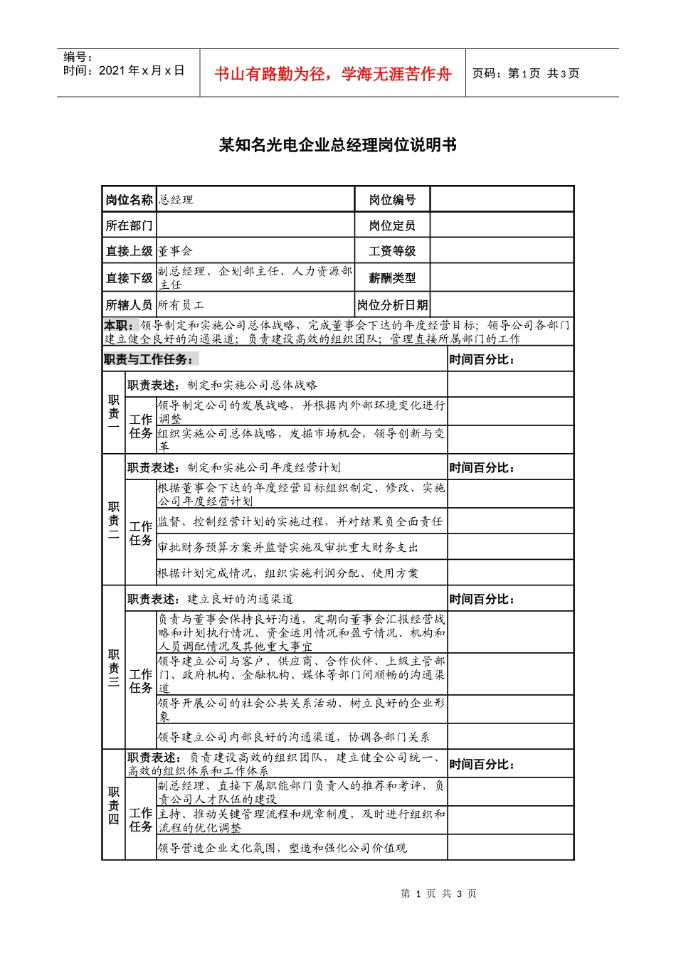 某知名光电企业总经理岗位说明书_第1页