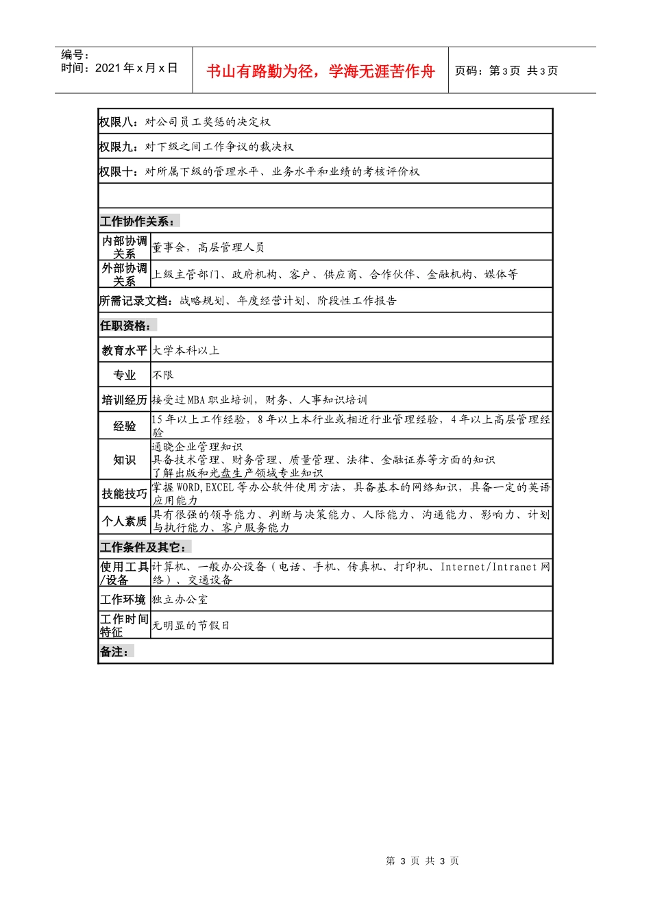 某知名光电企业总经理岗位说明书_第3页