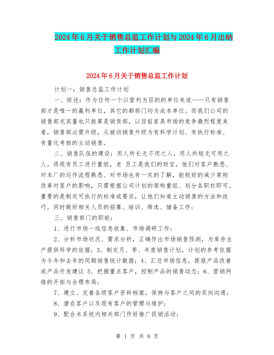2024年6月关于销售总监工作计划与2024年6月出纳工作计划汇编_第1页