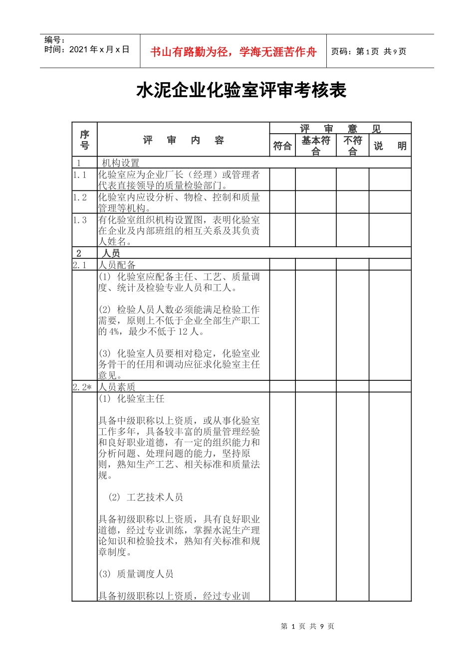 水泥企业化验室评审考核表_第1页