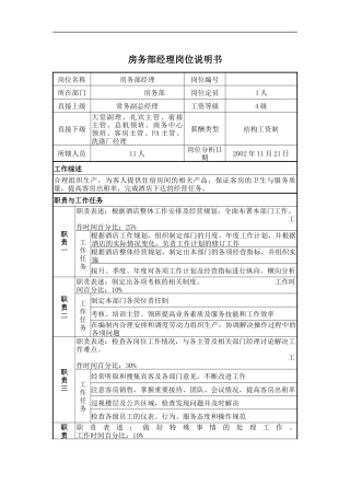 房务部经理岗位说明书