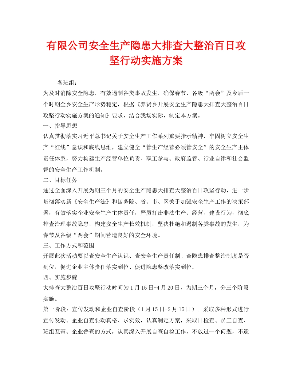 《安全管理文档》之有限公司安全生产隐患大排查大整治百日攻坚行动实施方案 _第1页