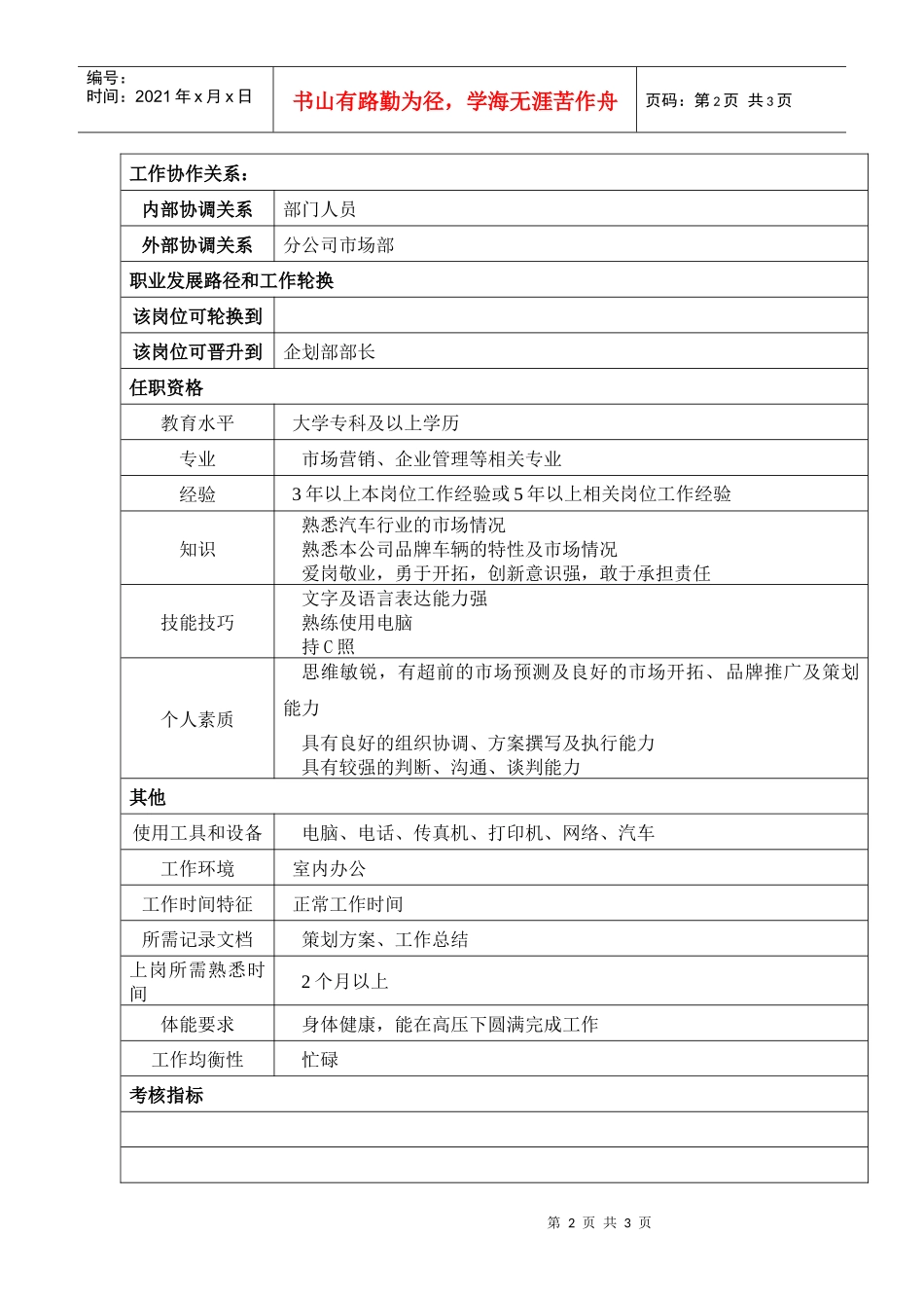 某汽车集团企划部部长助理岗位说明书_第2页