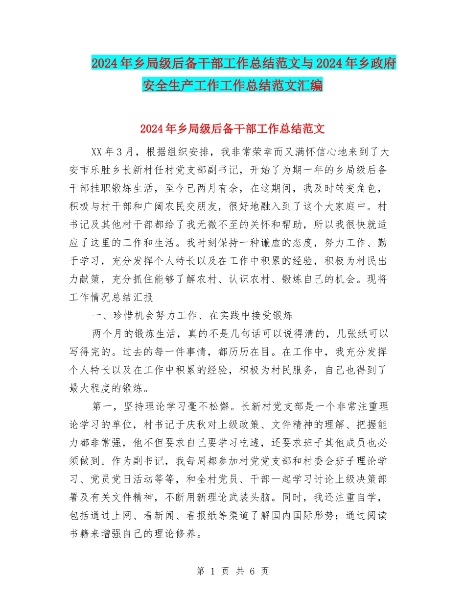 2024年乡局级后备干部工作总结范文与2024年乡政府安全生产工作工作总结范文汇编_第1页