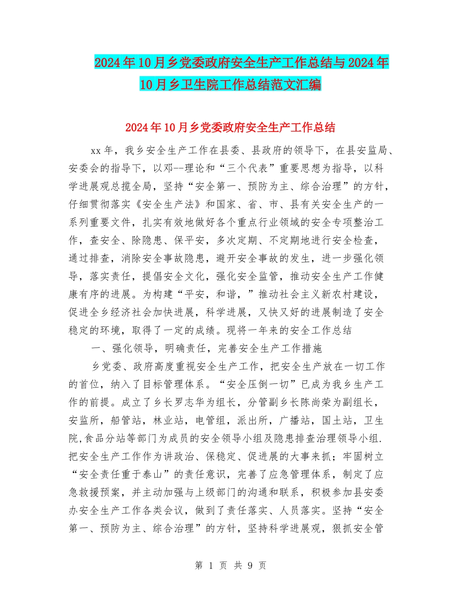 2024年10月乡党委政府安全生产工作总结与2024年10月乡卫生院工作总结范文汇编_第1页