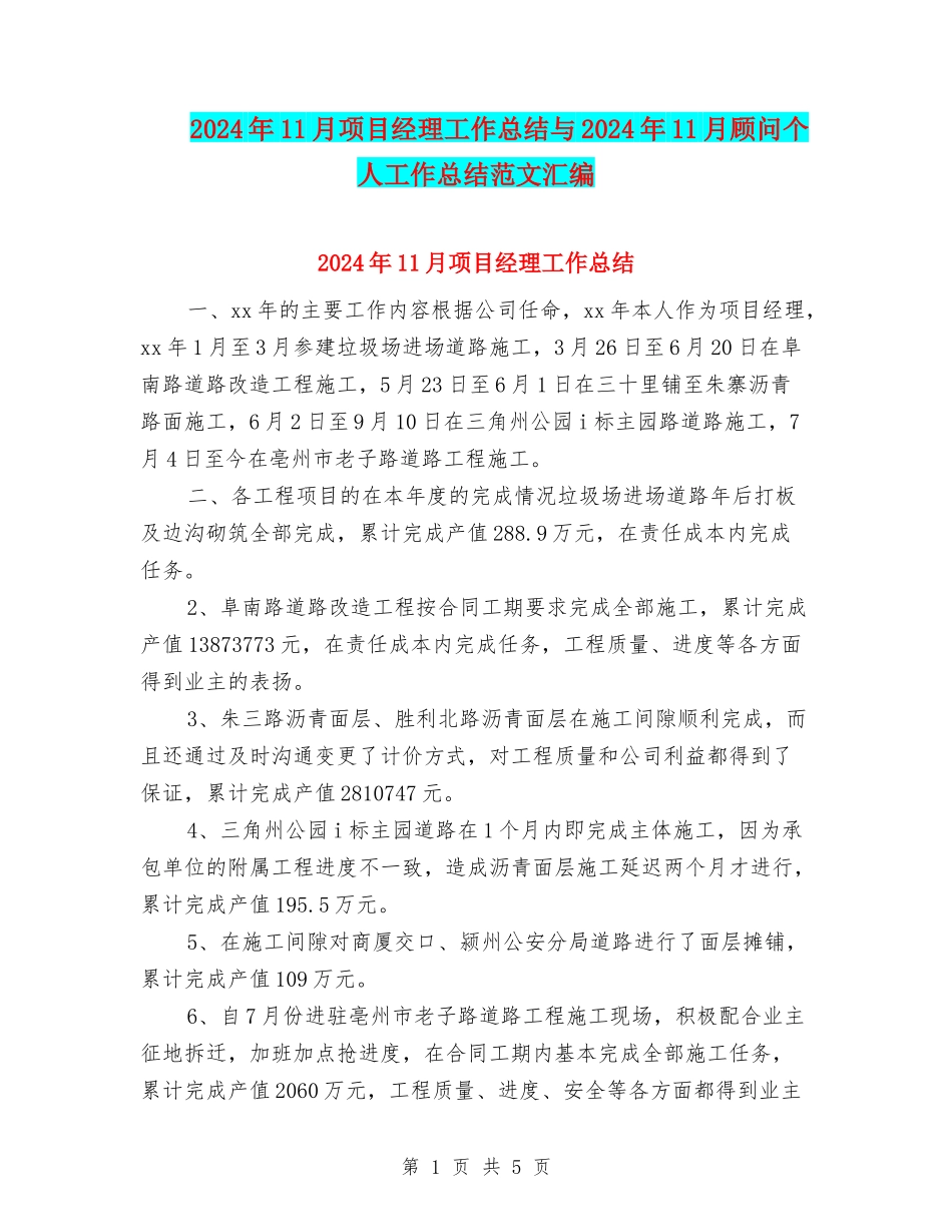 2024年11月项目经理工作总结与2024年11月顾问个人工作总结范文汇编_第1页