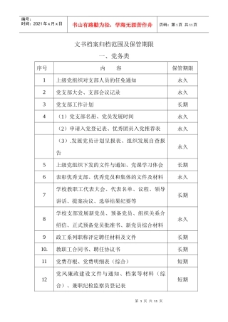 文书档案归档范围及保管期限