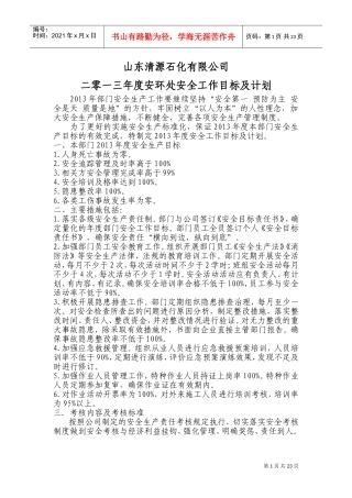 某某石化有限公司安全工作目标及计划