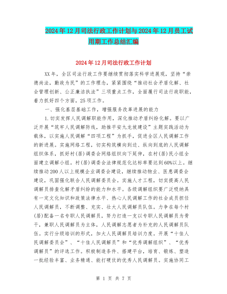 2024年12月司法行政工作计划与2024年12月员工试用期工作总结汇编_第1页