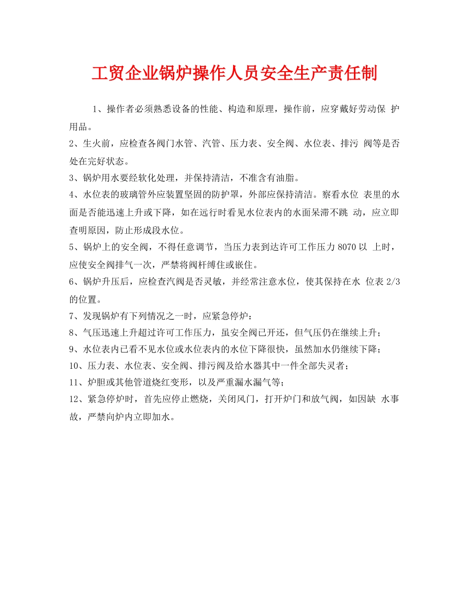 《安全管理制度》之工贸企业锅炉操作人员安全生产责任制 _第1页