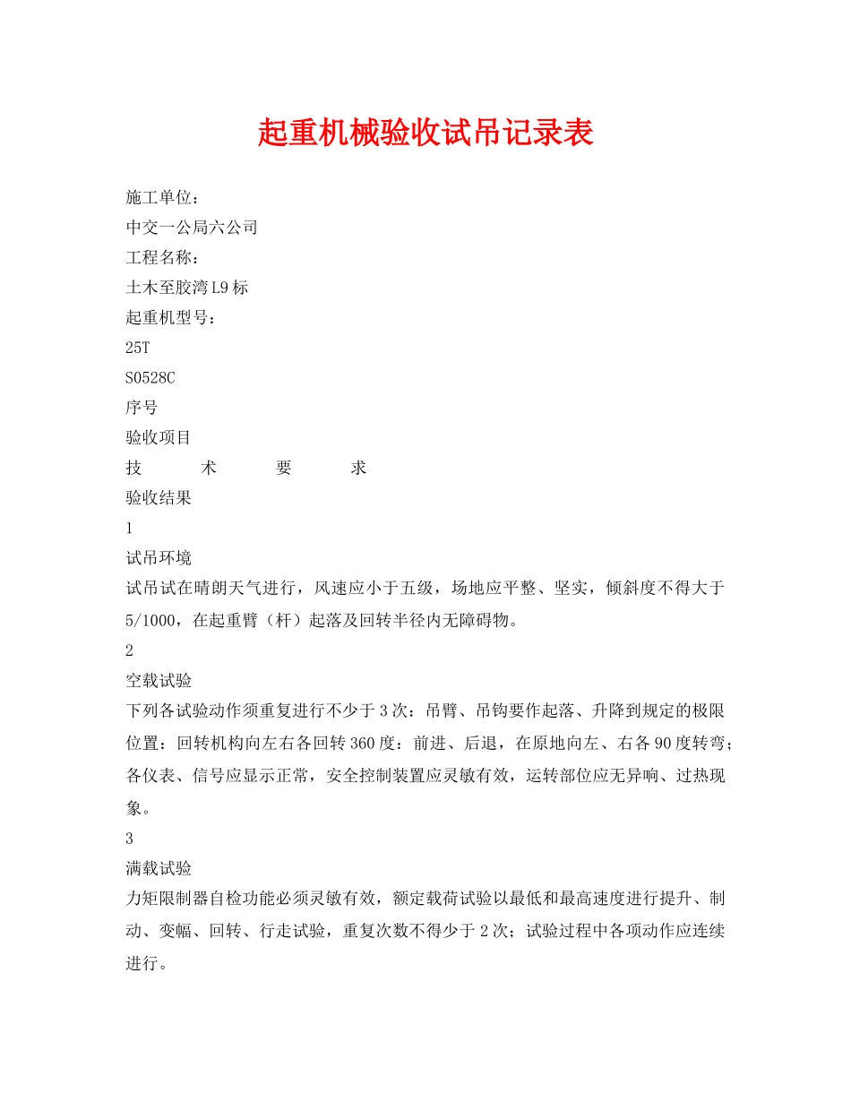 《安全管理资料》之起重机械验收试吊记录表 _第1页