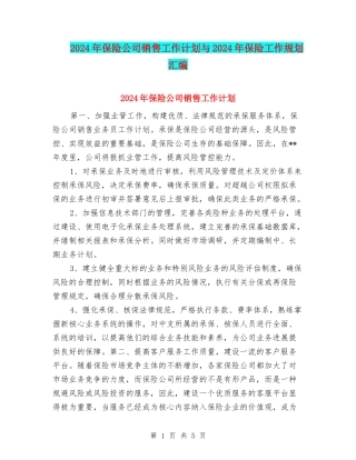 2024年保险公司销售工作计划与2024年保险工作规划汇编