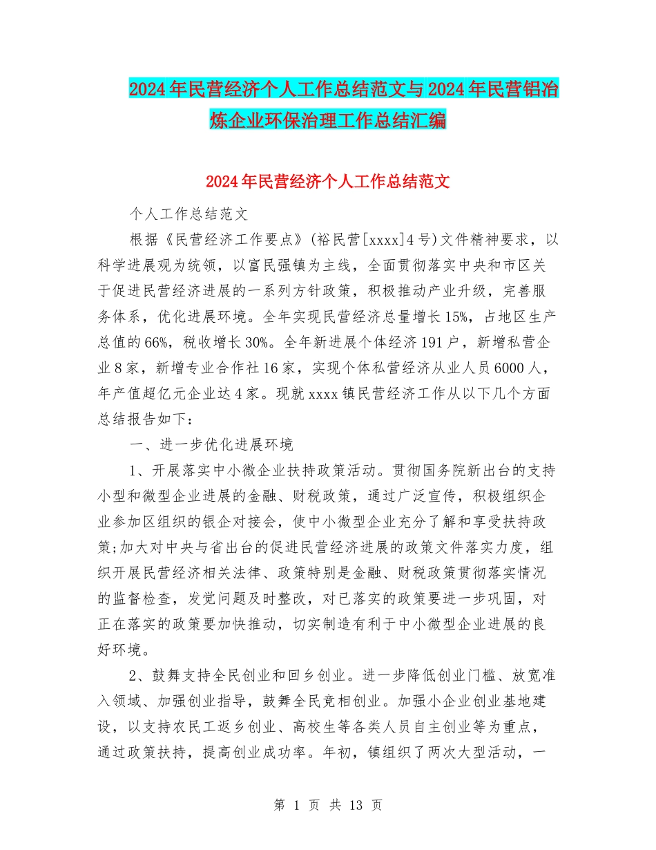 2024年民营经济个人工作总结范文与2024年民营铝冶炼企业环保治理工作总结汇编_第1页