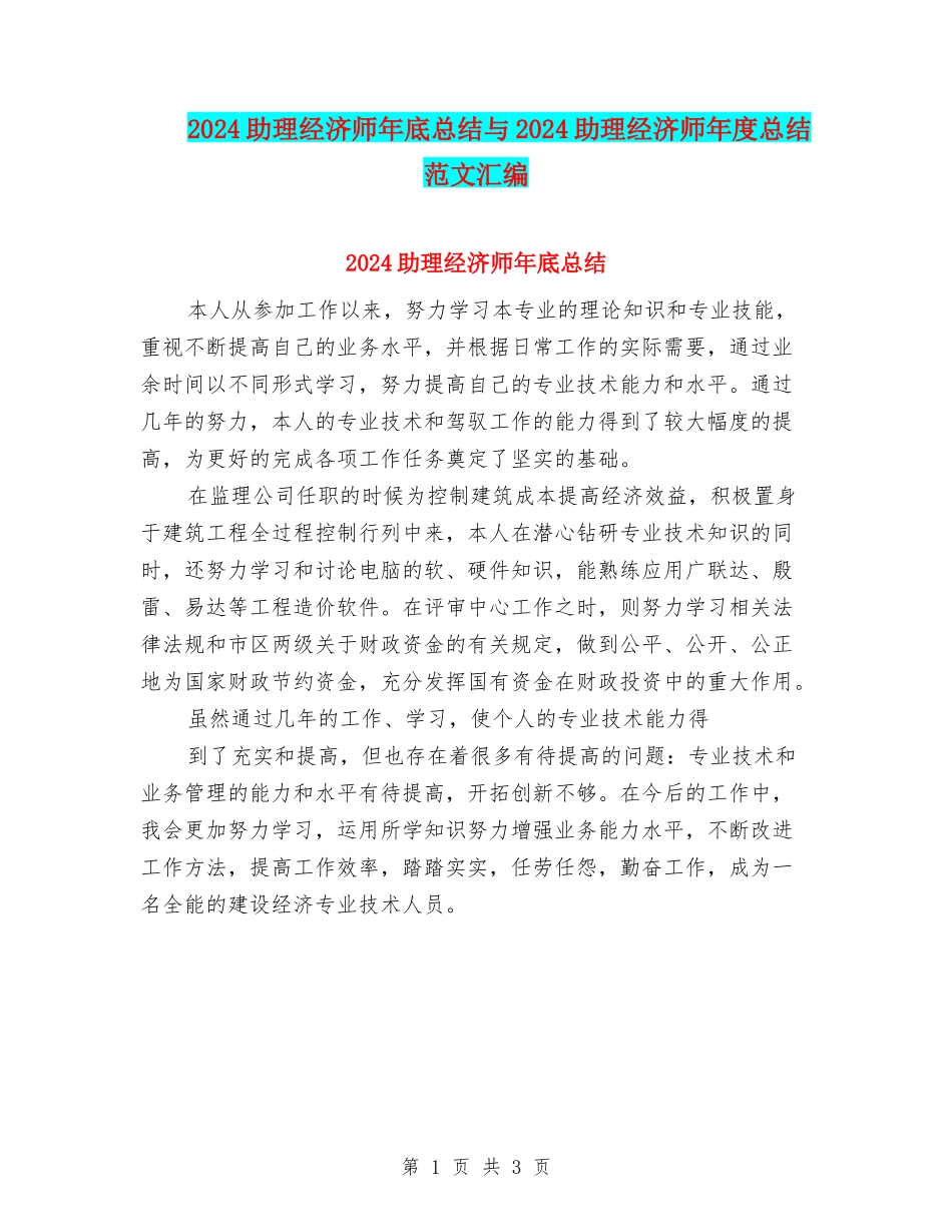 2024助理经济师年底总结与2024助理经济师年度总结范文汇编_第1页