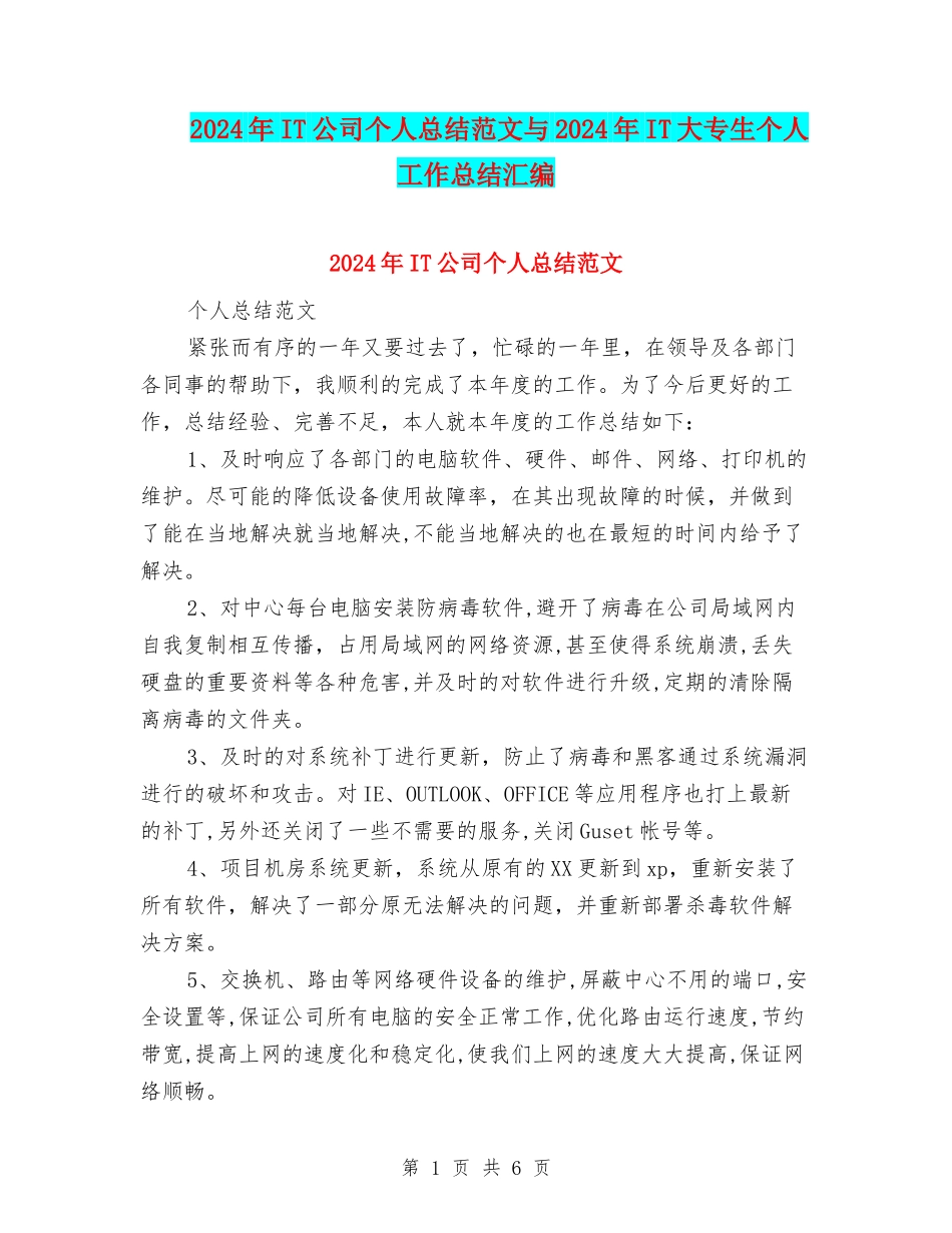 2024年IT公司个人总结范文与2024年IT大专生个人工作总结汇编_第1页