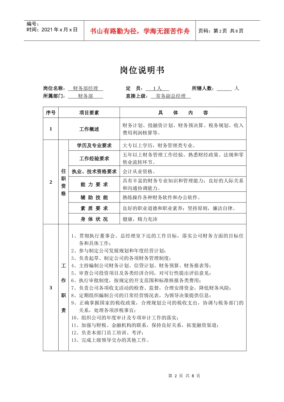 财务部部门职能及岗位说明书_第2页