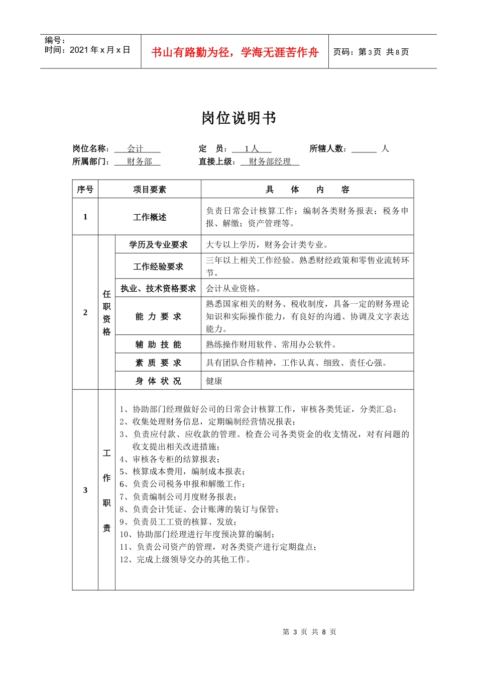 财务部部门职能及岗位说明书_第3页