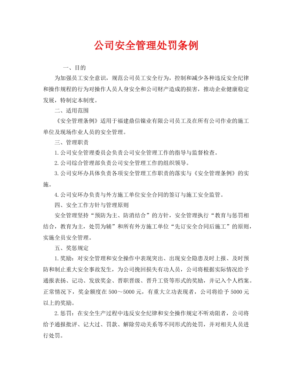《安全管理制度》之公司安全管理处罚条例 _第1页