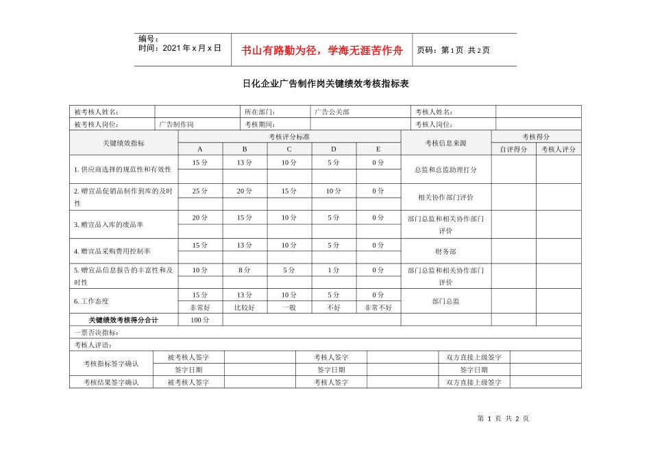 日化企业广告制作岗关键绩效考核指标表_第1页