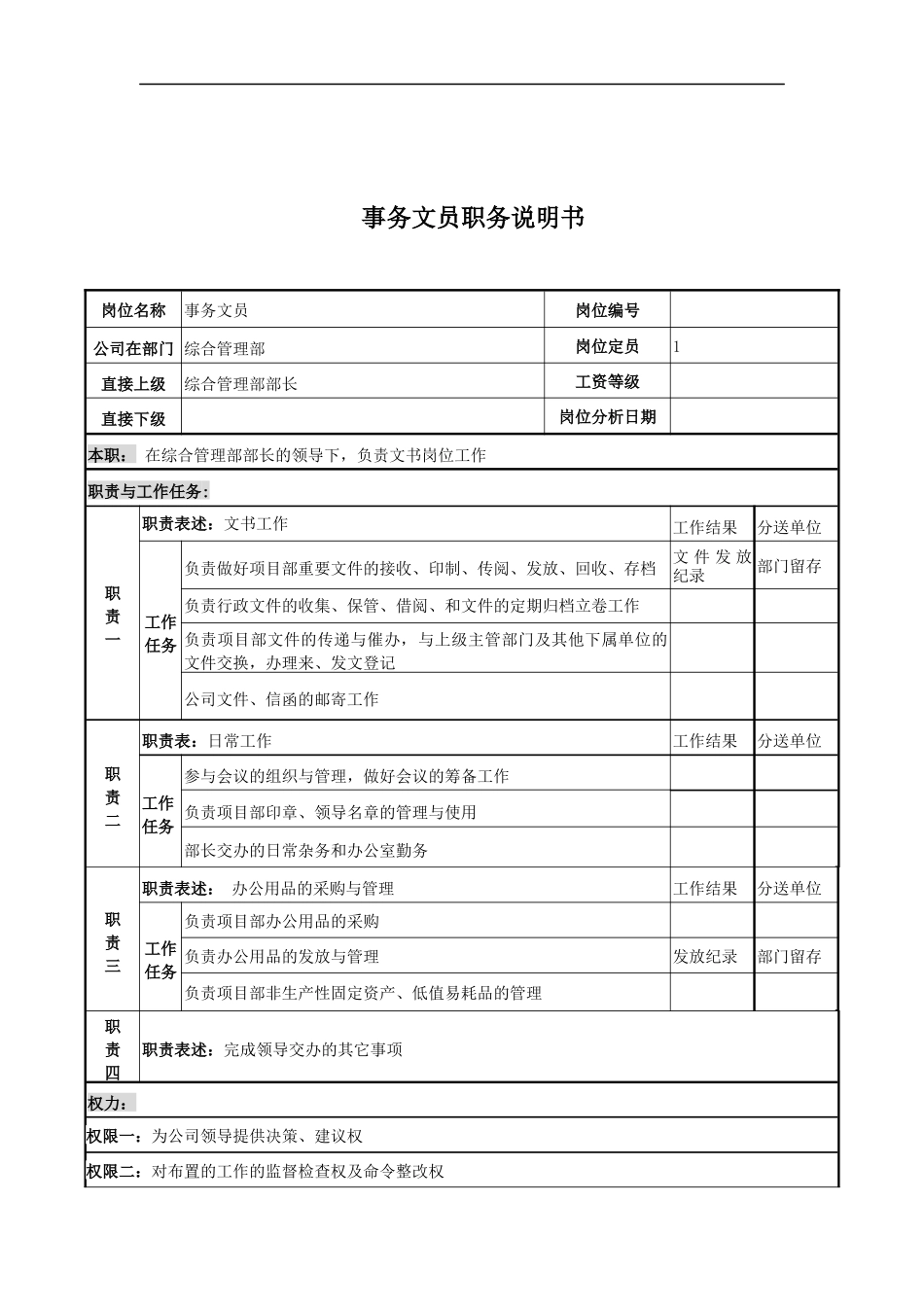 电力公司事务文员岗位说明书_第1页