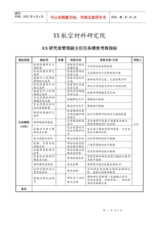 航空材料研究行业-研究室-管理副主任任务绩效考核指标（KPI）