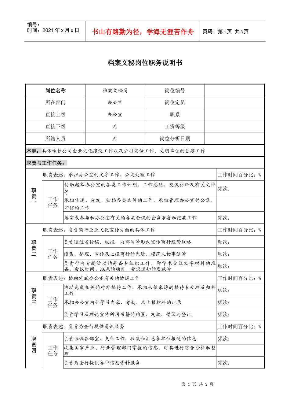 某市商业银行办公室档案文秘岗位职务说明书_第1页