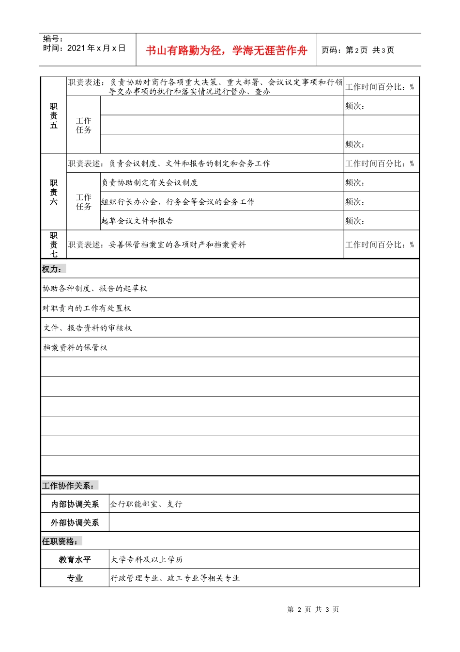 某市商业银行办公室档案文秘岗位职务说明书_第2页