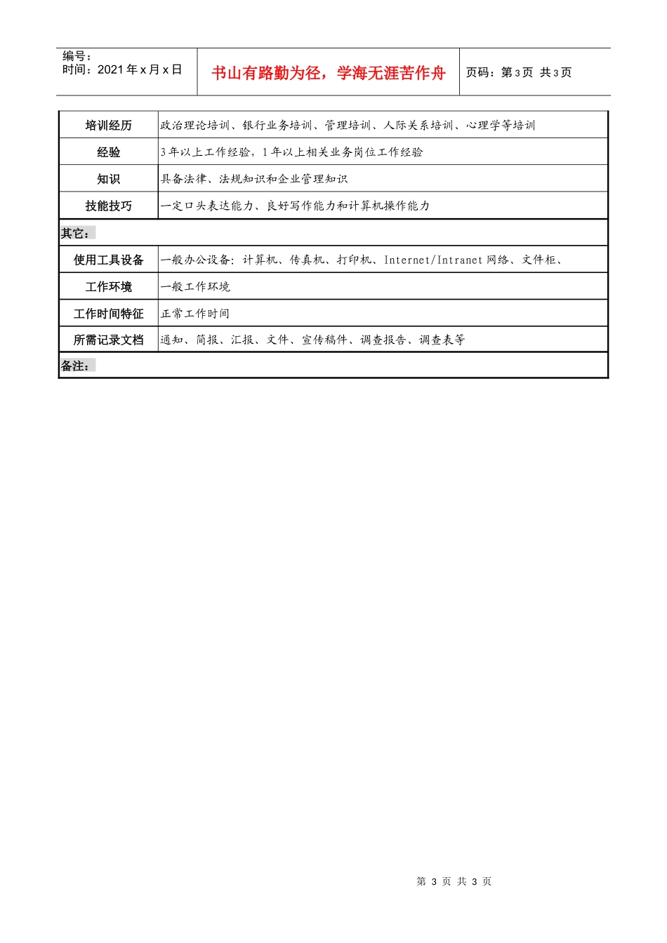 某市商业银行办公室档案文秘岗位职务说明书_第3页