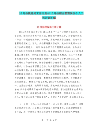 10月份税务局工作计划与10月份综合管理岗位个人工作计划汇编