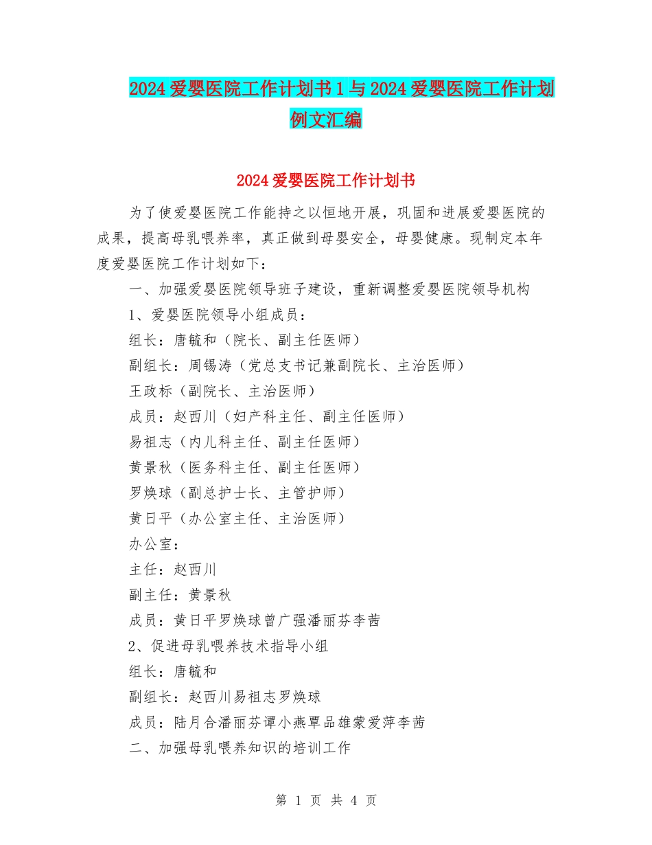 2024爱婴医院工作计划书1与2024爱婴医院工作计划例文汇编_第1页