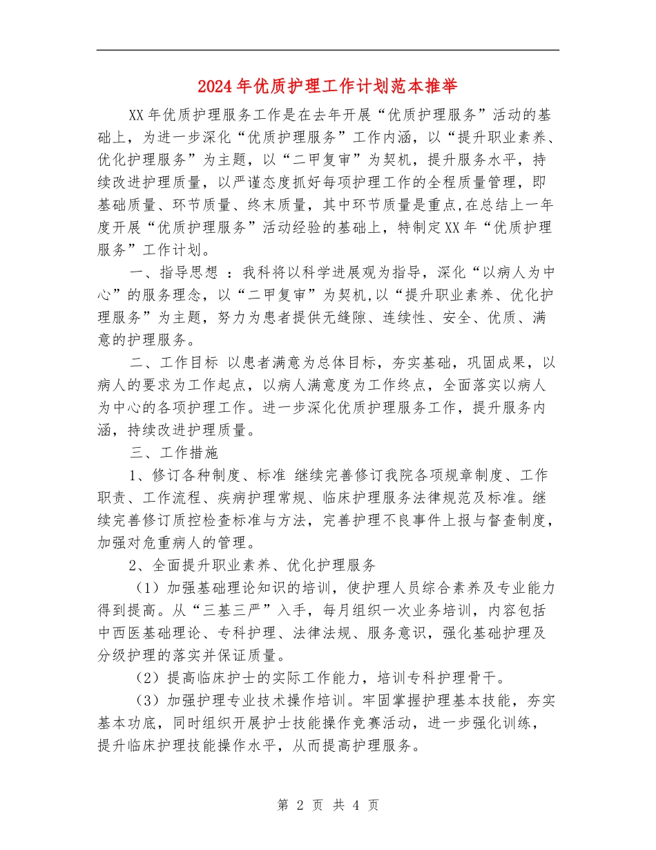 2024年优质护理工作计划范本推荐_第2页