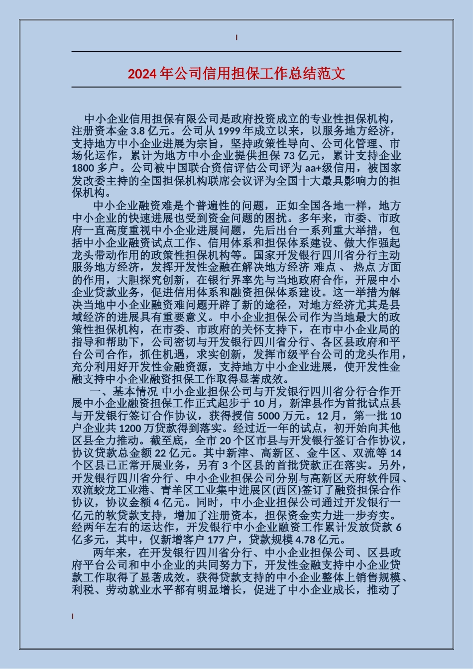 2024年公司信用担保工作总结范文_第1页