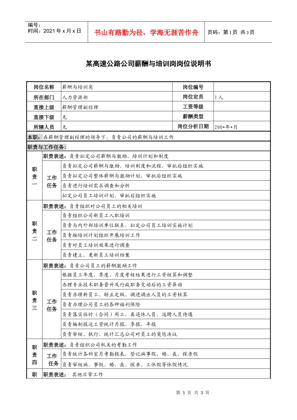 某高速公路公司薪酬与培训岗岗位说明书._第1页