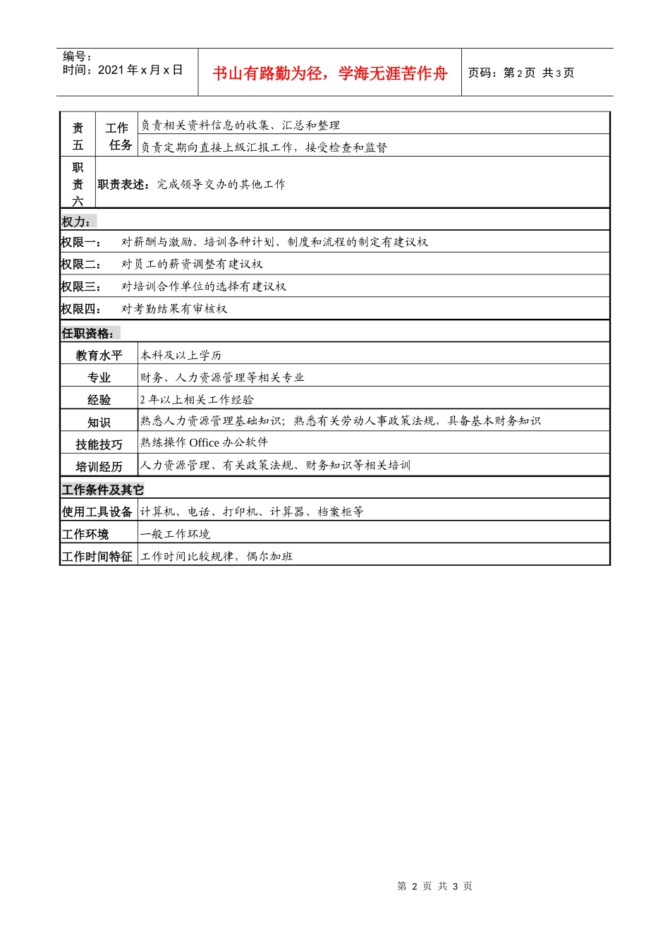 某高速公路公司薪酬与培训岗岗位说明书._第2页