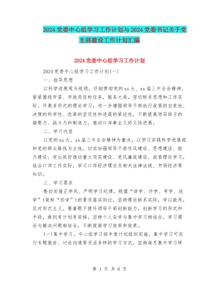 2024党委中心组学习工作计划与2024党委书记关于党支部建设工作计划汇编