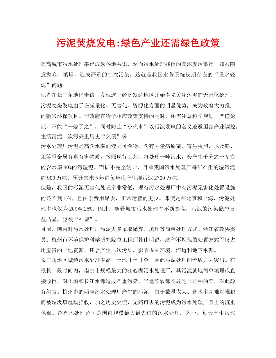 《安全环境-环保技术》之污泥焚烧发电-绿色产业还需绿色政策 _第1页